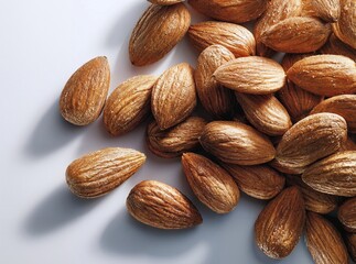 Fototapeta premium Almonds with hard brown shells piled on white background close up detailed food ingredient natural texture healthy snack dry nuts organic