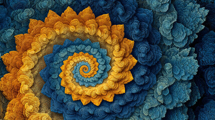 Abstract blue and orange mesh forming a spiral floral pattern. Futuristic and geometric design ideal for digital art, creative visuals, technology-inspired backgrounds, and modern abstract composition