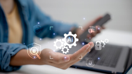 Artificial intelligence technology with cybersecurity protection and data privacy concept. Futuristic AI security system showing lock icons, secure data processing, and digital innovation