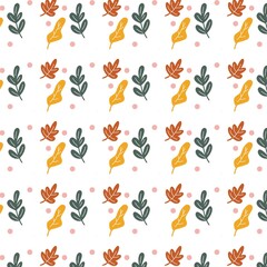    This image features a seamless pattern with an illustration of autumn leaves. It's suitable for a variety of uses, including wallpaper, wrapping paper, textiles, or greeting cards.