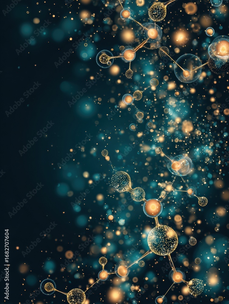 Poster colorful abstract representation of molecular structures illuminated against a dark background showi