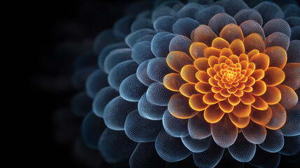 Abstract blue and orange mesh forming a spiral floral pattern. Futuristic and geometric design ideal for digital art, creative visuals, technology-inspired backgrounds, and modern abstract composition