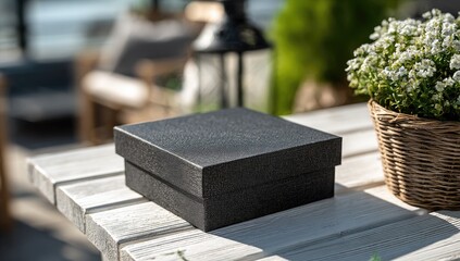 Black gift box on white wooden table outdoors