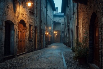 Foggy evening view of a deserted medieval alleyway in the Citta Alta of Bergamo