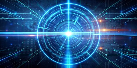 Glowing blue concentric circles with lines and dots on a dark background