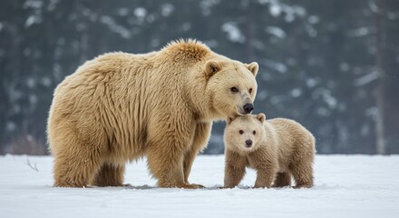 Cream-colored bear and cub standing in the snowy landscape, among trees, looking at the viewer