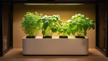 Indoor herb garden under grow lights