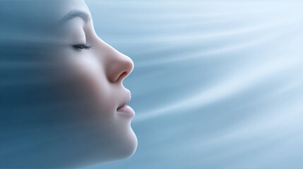 Obraz premium Profile of Serene Woman in Blue Light