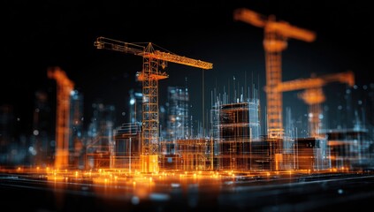 Digital cityscape under construction, with orange-glowing cranes and buildings in wireframe