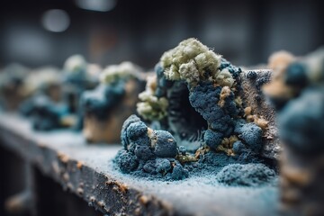 Mold growing within an HVAC system, a close-up shot showing the details of contamination in an industrial environment.