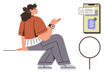 Woman gesturing near smartphone screen showing fingerprint biometrics and secure code message. Ideal for cybersecurity, digital protection, authentication, technology, user privacy, secure