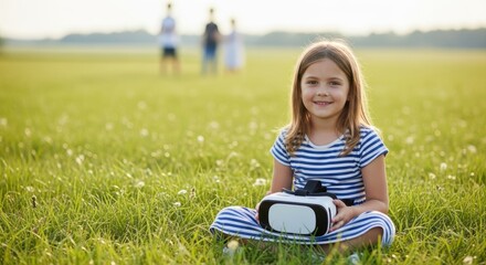 Caucasian young girl enjoying virtual reality outdoors in a striped dress