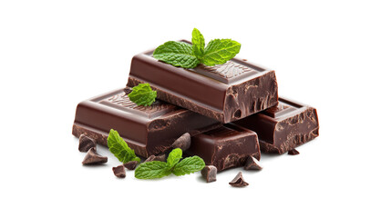 A chocolate bar with green mint leaves on top. The chocolate is cut into three pieces