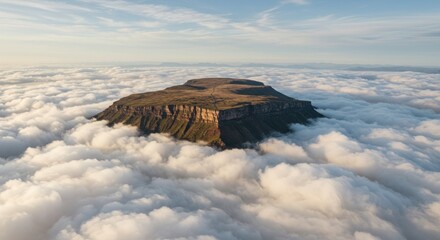 Massive flat-topped mountain rising above a sea of white clouds under a blue sky