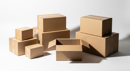 A group of plain brown cardboard shipping containers and parcels of various sizes, with one empty box open, representing logistics and e-commerce
