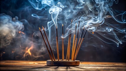 Incense sticks burning in a holder with smoke filling the background