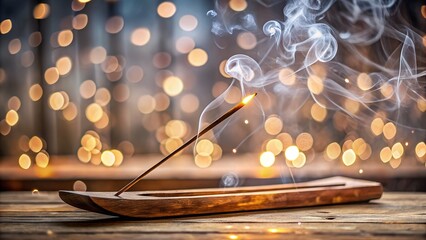 A burning incense stick on a wooden holder with bokeh lights behind it