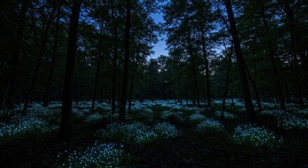 Eerie, dark forest floor illuminated by glowing flora under dim, bluish sky during twilight