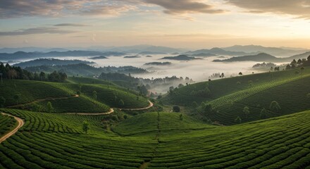 Lush green hills cascade into misty valleys under a soft sunrise sky