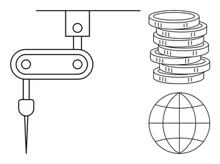 Robotic arm performing operations, stacked coins indicating wealth, and a globe representing international concepts. Ideal for industry, technology, automation, finance, globalization, innovation