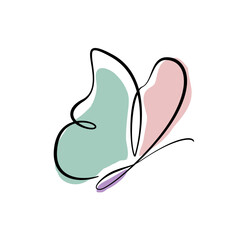 Butterfly Logo Continuous One Line Drawing. Cute Butterfly Hand Drawn One Line Simple Vector Illustration. Minimalist Contour Art Template. 