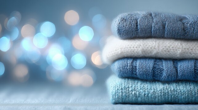 Stack of cozy knitted sweaters in shades of blue and white. Soft texture with a blurred background of blue bokeh lights.