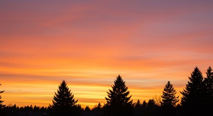 Striking sunset over silhouette of trees, sky ablaze with orange, red, and purple hues, peaceful and scenic view