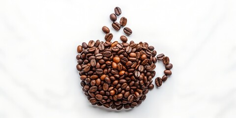 Coffee beans arranged to form a cup on a white background, top view