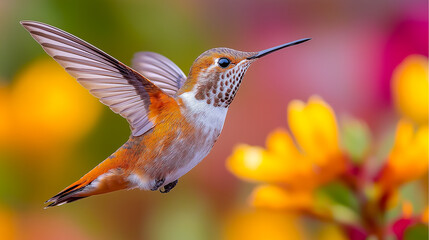 Fototapeta premium Rufous Hummingbird in Flight near Flowers Close Up in Beautiful Garden setting