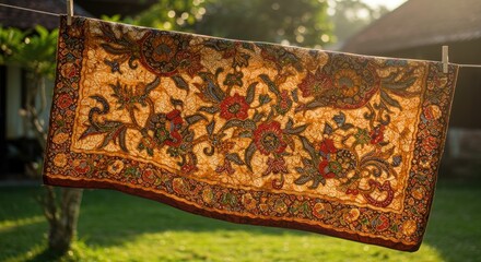 Hanging floral-patterned textile on a clothesline in the sunlit outdoors