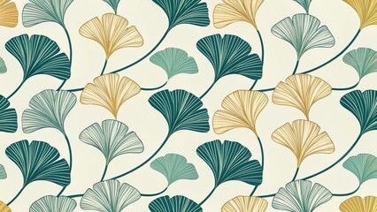Seamless pattern of stylized ginkgo biloba leaves in teal blue and golden yellow on a cream background