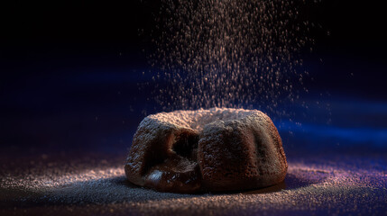 Chocolate lava cake with melted center, powdered sugar dusting