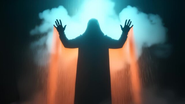 Hooded figure in fog with falling streaks of light