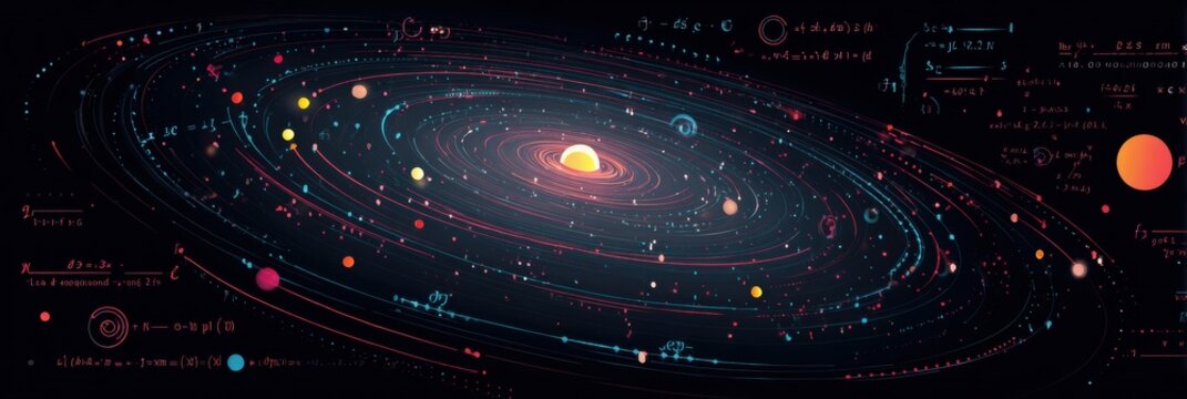 Exploration of a Vibrant Galaxy Filled With Celestial Bodies and Mathematical Equations Representing Cosmic Phenomena