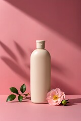 Minimalist Front Facing Mockup of a Beige Shampoo Bottle With Floral Elements on a Pink Background