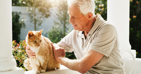 Relax, cat and happy with old man in garden of home for emotional support animal, retirement and feline care. Bonding, service pet and kitten with senior person in backyard of house for love