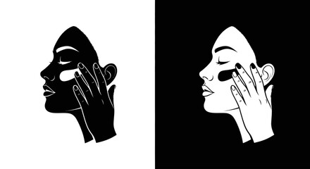 A person applying cream to their face, a black and white icon for a skincare routine, facial treatment, and self-care.