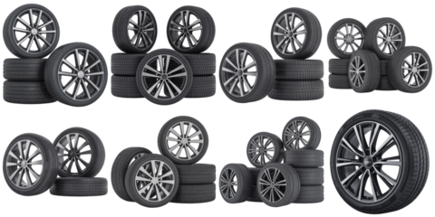 Automotive tire and wheel assemblies isolated on a transparent background tires wheels