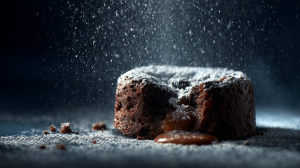 Chocolate lava cake with melted center, powdered sugar dusting