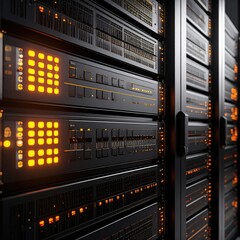 Tightly-packed black server racks with glowing orange lights and display panels fill the frame, suggesting complex data processing and technology infrastructure