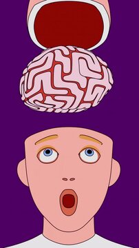 Female characters head opening up as the brain pops out, floats, and rotates 360 degrees before returning inside. Mind-blowing ideas, enlightenment, or extreme surprise. 3D looped animation.