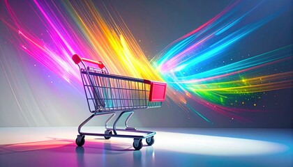 A shopping cart with bright, colorful streaks of light emanating from behind it, creating a sense of speed and excitement against a soft, neutral background