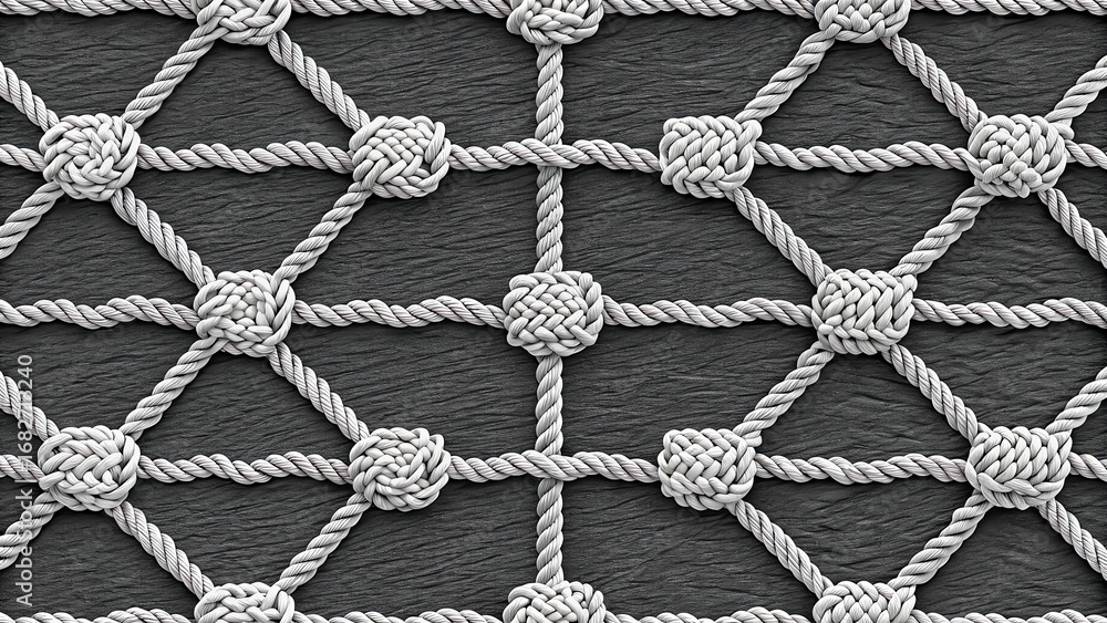 Poster close up of a tightly woven rope net with intricate knot details forming a repeating geometric patte