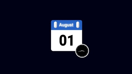 01 August Banner Animation , August 01 calendar animation with transparent on a black background. Calendar from january to december. Animated monthly calendar flips page in trendy. 4k