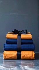 Stacked linens in orange and navy are neatly arranged, bound by a black ribbon. A sleek, modern presentation with a textured surface