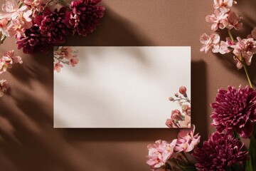 Blank card surrounded by flowers, soft lighting