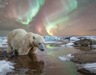 majestic polar bear in icy arctic under northern lights