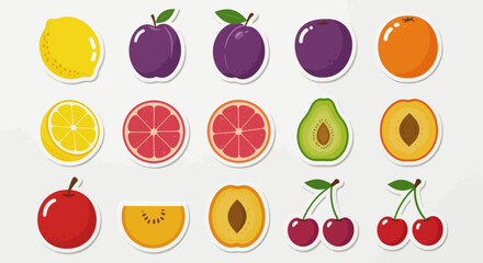 Colorful Assortment of Cartoon Fruit Stickers: Lemon Plum Grapefruit Avocado Peach Apple Kiwi Cherry Orange.