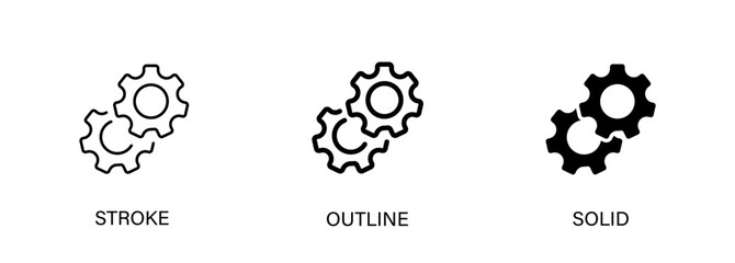 Gear icon for engineering, mechanism, operation, industry. Vector stroke, outline and solid icons.