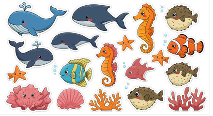 Cartoon Sea Life Stickers: Whales Seahorses Fish and Coral Reef Elements. © Rama